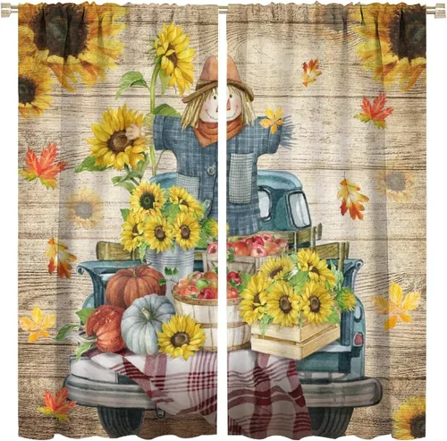 Vista 24 de Divertidas cortinas opacas de calabaza y espantapájaros para sala de estar, rústicas de otoño, hojas de arce, girasol, cosecha de otoño, puesta