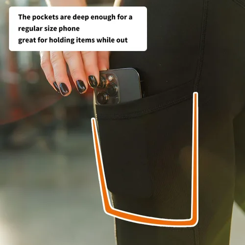 Vista 3 de Leggings de entrenamiento para mujer, leggings de gimnasio, pantalones de yoga con bolsillos, control de abdomen negro, cintura alta