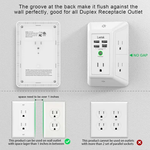 Vista 21 de Extensor de tomacorriente, protector de sobretensiones con 5 enchufes múltiples y 4 puertos USB (2 USB C), cargador de pared de regleta