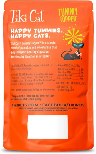 Vista 2 de Tiki Cat Tummy Topper, puré de receta de calabaza, formulado para apoyar la digestión saludable, Mousse Cat Food Topper, bolsa de 1.5 onzas