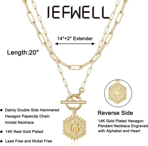 Vista 5 de IEFWELL Collares de oro en capas para mujer, chapado en oro de 14 quilates, cadena de clip de oro rosa, collar con inicial para mujer, cierre