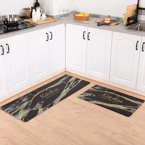Vista 2 de Carvapet 2 tapetes cómodos antifatiga para cocina, de pie, impermeables, decorativas, ergonómicas, para cocina, diseño de mármol negro y dorado, 17