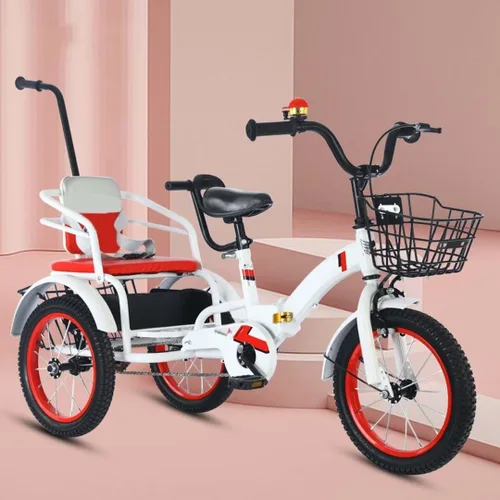 Vista 12 de Triciciclos plegables para niños con mango parental, triciclos tándem de 3 a 10 años con asiento trasero del pasajero, silla de montar ajustable