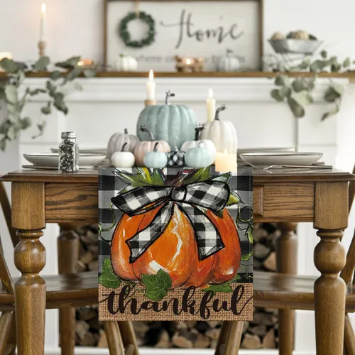 Vista 2 de Artoid Mode Camino de mesa de otoño agradecido con lazo, diseño de calabaza, Acción de Gracias, cocina, comedor, decoración para el hogar, fiesta