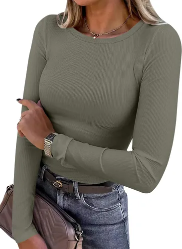 Vista 18 de ANRABESS - Camisetas de manga larga para mujer, de punto acanalado, ajustadas, básicas, 2025, informales, para usar a capas o debajo del uniforme