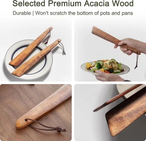 Vista 5 de Muso Wood Espátula de madera de acacia de 12 pulgadas para cocinar, aleta de madera pequeña, juego de espátulas antiadherentes, raspador de huevos