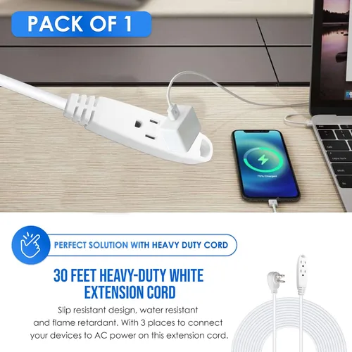 Vista 7 de SureSave - Cable de extensión de 30 pies Cable de extensión blanco resistente de 3 clavijas con conexión a tierra para interiores Listado UL