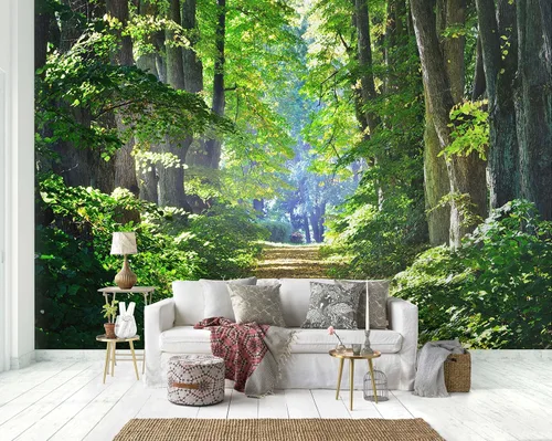 Vista 2 de YQWDMX - Papel tapiz de bosque verde soleado, mural de naturaleza para dormitorio (no es de despegar y pegar)