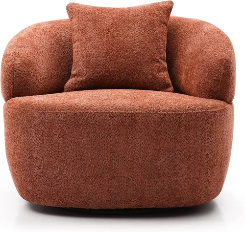 Vista 9 de Silla giratoria naranja con forma de barril, moderno círculo redondo individual con almohada para sala de estar, dormitorio, espacio pequeño, tela