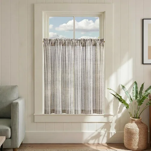 Vista 20 de Jinchan - Cortinas de lino a rayas para cocina, 24 pulgadas, beige, 2