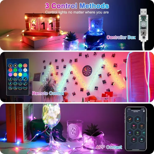 Vista 3 de LUXONIC Luces de hadas con control de aplicación inteligente, 2 luces LED RGB parpadeantes de 32.5 pies para dormitorio, tira de luces