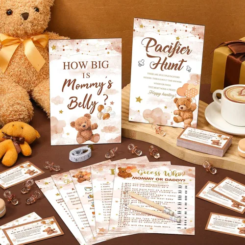 Vista 2 de Sherr Juego de 424 chupetes para baby shower, incluye letrero de caza y 50 chupetes acrílicos, Bingo Price Guess How Is Big Search for Brown Baby