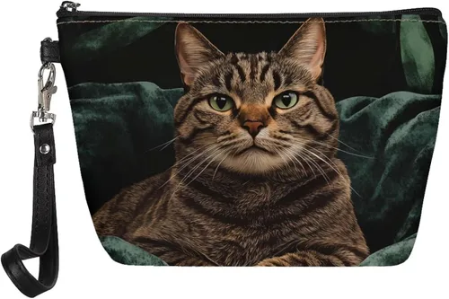 Vista 37 de Howilath Abstract Art Cat Cosmetic Pouch for Women PU Leather Toiletry Storage Bag Trapezoid Makeup Bags with Wrist Strap