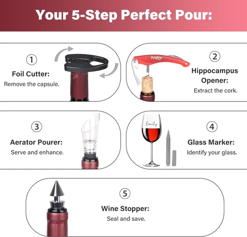 Vista 5 de Kato - Juego de regalo para abridor de botellas de vino, 5 piezas de sacacorchos de vino, accesorios para ganadores de juegos y adultos, grandes