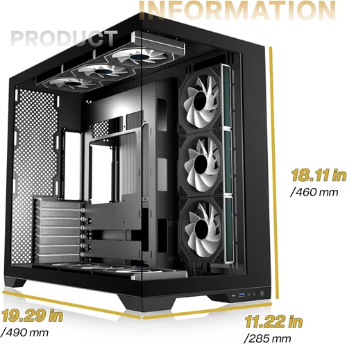 Vista 5 de PC CASE 9 PWM ARGB Ventiladores preinstalados, funda de PC para juegos de media torre, carcasa panorámica de vidrio templado para computadora