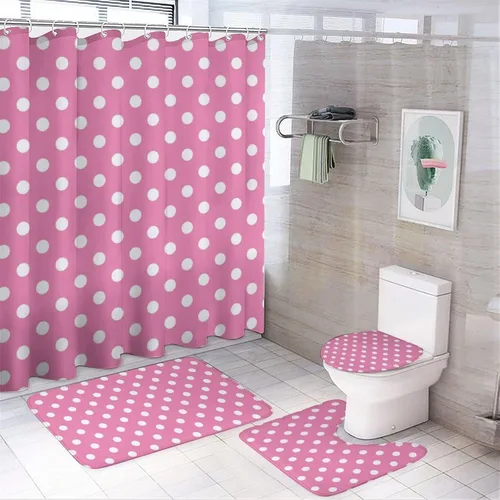 Vista 25 de Juego de 3 alfombras de baño con diseño de lunares, color azul aguamarina, antideslizante, con contorno en forma de U y tapa de inodoro