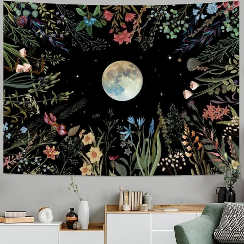 Vista 3 de Amhokhui Tapiz de jardín iluminado por la luna, tapiz bohemio de luna, tapiz floral de flores, tapices de plantas coloridas, tapices negros