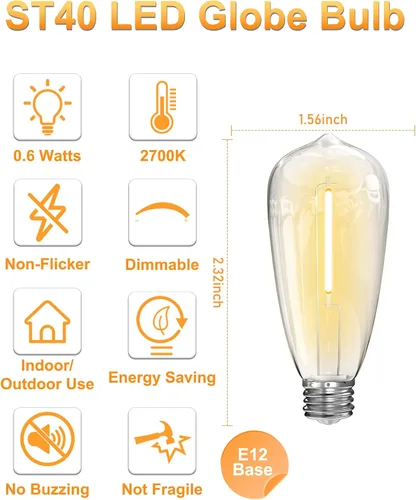 Vista 2 de Paquete de 10 bombillas LED, 0.6 W, base de tornillo C9/E17 ST40, bombillas de repuesto de plástico transparente para patio al aire libre, tira