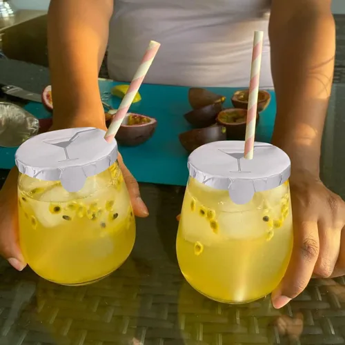 Vista 7 de Paquete de 50 fundas para bebidas para protección contra el alcohol, calcomanías desechables de aluminio herméticas para copas de vino y vasos.