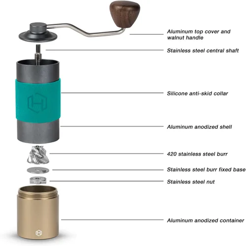 Vista 3 de Molinillo de café manual – HEIHOX Hand con molino de rebabas cónico ajustable de acero inoxidable, capacidad de 1.06 oz (30 g), molinillo portátil