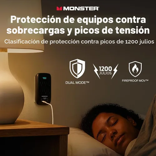 Vista 5 de Monster Protector de sobretensiones de enchufe de pared de 6 tomas, 1200 julios, extensor de toma de pared con 1 puerto de carga USB-A y 1 puerto