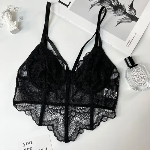 Vista 7 de Corsé de encaje para mujer, top corto con tirantes delgados, bralette Bustier