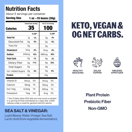 Vista 2 de BRAMI Botani de Frijoles Lupini, Sal Marina de Cerdeña y Vinagre 7 g de proteína vegetal, 0 g de carbohidratos netos Vegano, vegetariano, keto