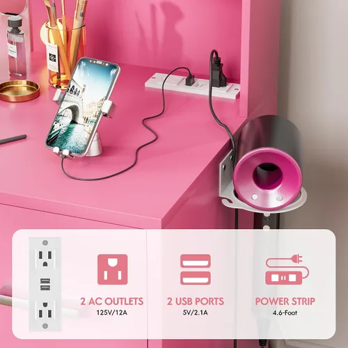 Vista 5 de VICTONE Escritorio de tocador con espejo iluminado LED y toma de corriente, 3 modelos de luces, mesa de tocador de maquillaje con 7 cajones y 6