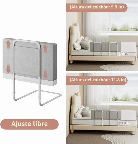 Vista 8 de Protectores de riel de cama para niños pequeños, rieles de cama ajustables con seguridad, rieles laterales de cama para cama individual, Gris