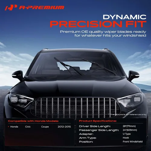 Vista 2 de A-Premium Coupé - Limpiaparabrisas de 28 pulgadas + 24 pulgadas compatible con Honda Civic 2012, 2013, 2014, 2015, compatible con brazo