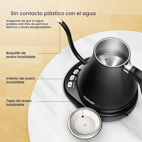Vista 6 de COSORI Hervidor eléctrico de cuello de cisne con 5 ajustes preestablecidos de control de temperatura, hervidor para vertido sobre café y té