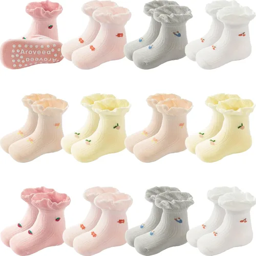 Vista 8 de Calcetines antideslizantes con agarre para tobillos, paquete de 12 unidades para niños pequeños, niños y niñas, lindos calcetines de algodón