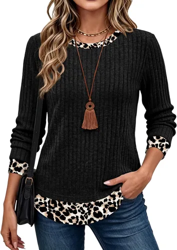Vista 12 de WIHOLL Camisas de manga larga para mujer, trajes de otoño, suéteres ligeros Negro - blanco