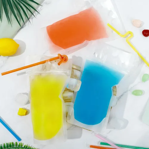 Vista 4 de Ozera Bolsas para bebidas, 100 bolsas reutilizables de 16 onzas para adultos, bolsas resistentes para adultos con embudo de pajita, bolsas de jugo