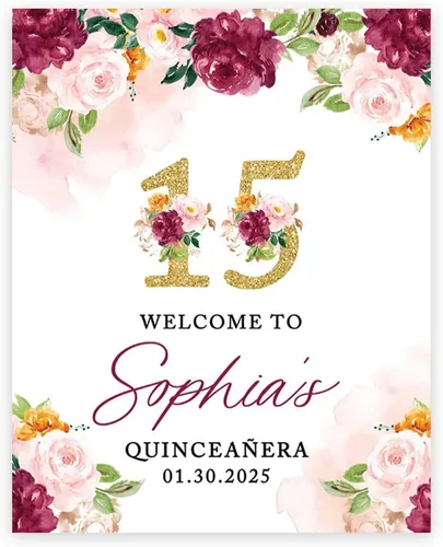 Vista 13 de Andaz Press Letrero de bienvenida de quinceañera grande personalizado, Art Deco Bienvenidos de 16 x 20 pulgadas, lienzo premontado para fotos
