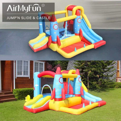 Vista 6 de AirMyFun Casa inflable para saltar, castillo hinchable con soplador de aire, casa de juegos con piscina de bolas, tobogán inflable para niños