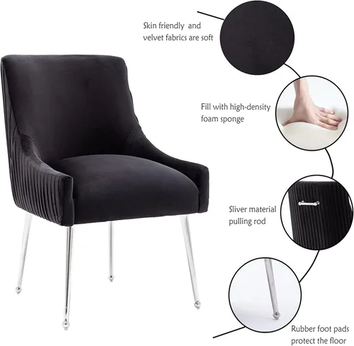 Vista 5 de Sillas de comedor de estilo moderno de terciopelo tapizado, silla de acento de tocador con barra vertical, silla capitonada con patas plateadas