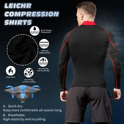 Vista 3 de Camisas de compresión para hombre, atléticas, de manga larga, para correr, gimnasio, cuello alto, secado rápido, capa base elástica activa