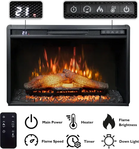 Vista 3 de Inserto de chimenea eléctrica de 26 pulgadas de ancho, 6 niveles de brillo, 5 velocidades de llama, 62-82 ℉, temporizador y control remoto, chimenea
