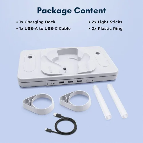 Vista 8 de TNP Base de carga para Oculus Quest 2 Estación de carga de auriculares y controlador de realidad virtual con luz RGB y 3 puertos USB 2.0 Cable