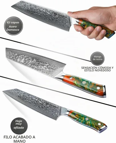 Vista 4 de Kiritsuke - Cuchillo de chef de cocina de 8.5 pulgadas, mango de acero de Damasco y resina de 67 capas, serie Xuan (naranja fantasía)