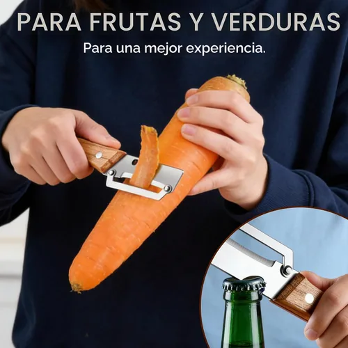 Vista 8 de Nuevo pelador de verduras multifuncional para cocina, con mango de madera y abridor de botellas, hoja de acero inoxidable ultra afilada para frutas