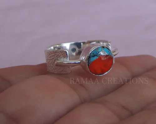 Vista 5 de Spiny Oyster Copper Turquoise Ring Handmade Round Turquoise Silver Ring Statement Handmade Jewelry Sterling Silver 925