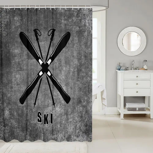 Vista 2 de Cortina de ducha de esquí negro con teñido anudado gris para niños, niñas, adultos, decoración de habitación de esquí, deportes, juegos, cortina
