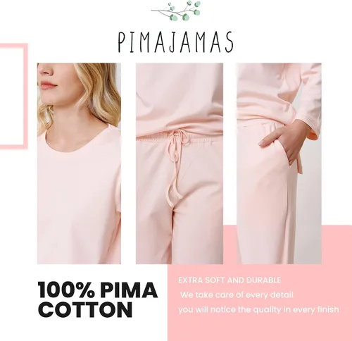 Vista 3 de Pima - Pijama de algodón peruano para mujer conjunto de pijama de lujo para mujer pijama súper suave 100 algodón pima