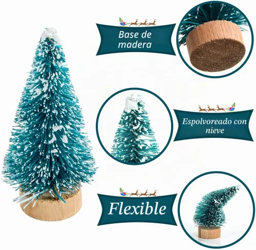 Vista 4 de 24 mini cepillos para botellas de árboles de Navidad con base de madera, mini árboles de plástico artificial para manualidades, adornos de nieve