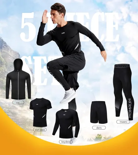 Vista 6 de BOOMCOOL Conjuntos de entrenamiento de 5 piezas que incluyen camisa de compresión, pantalones y chaqueta con capucha para hombres, deportes al aire