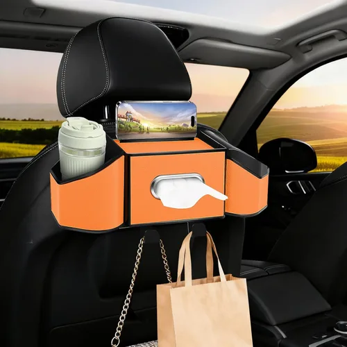 Vista 10 de Organizador de respaldo de asiento de automóvil 7 en 1 con portavasos, caja de pañuelos, cubo de basura y ganchos, organizador de almacenamiento