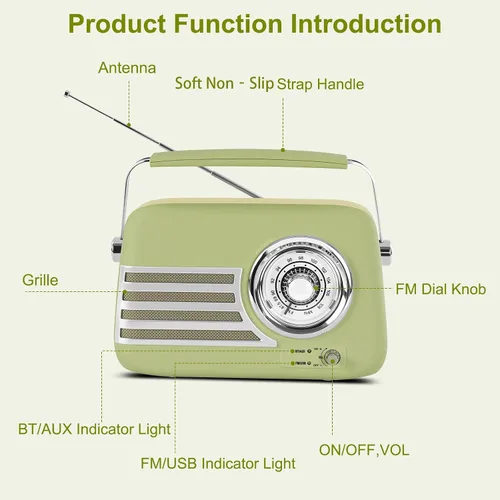 Vista 2 de Altavoz Bluetooth retro con radio FM, altavoz de radio portátil vintage, más de 20 horas de duración de la batería con antena telescópica, carga