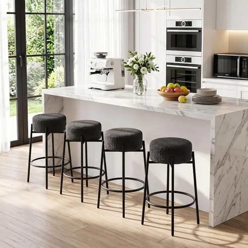 Vista 3 de Juego de 2 taburetes de bar modernos de altura de mostrador, taburetes de bar giratorios negros Boucle para isla de cocina, cómodas sillas tapizadas